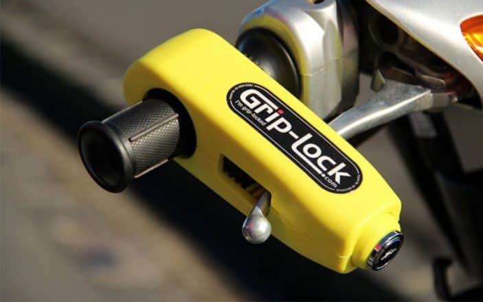 Motorcycle-Security-Lock Yellow shown on bike handle